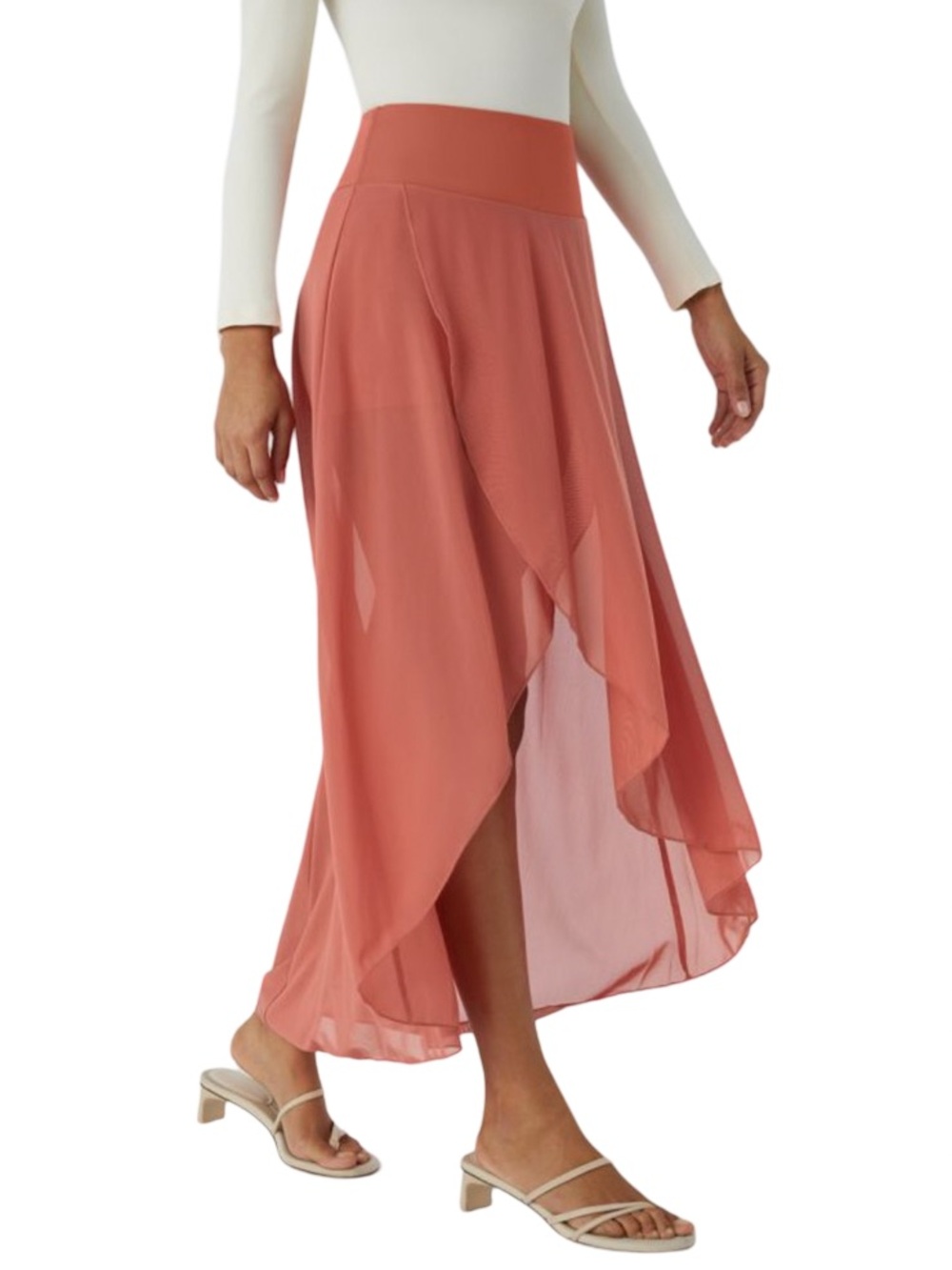 HALARA Coral High-Low Ruffle Mesh Maxi Skirt Built In Shorts Coral Size XL NWT